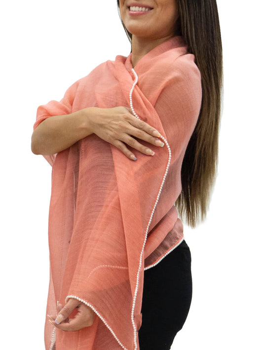 Breezy Wool + Silk Scarf With Pearls | Coral