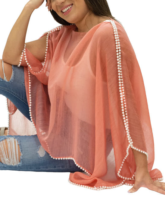 Breezy Wool + Silk Scarf With Pearls | Coral