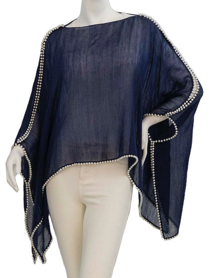 Breezy Wool + Silk Scarf With Pearls | Navy