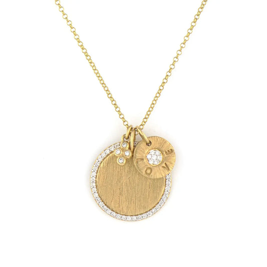 Provence Pave Diamond Disc + Love Disc Necklace YG