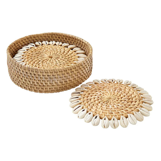 Rattan + Shell Coasters Set of 4|Beige