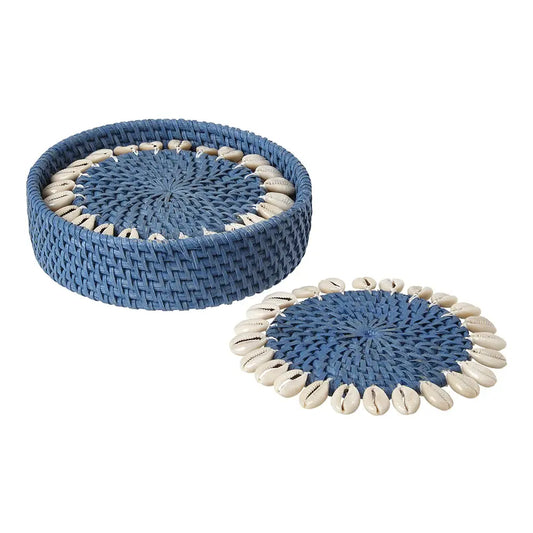 Rattan + Shell Coasters Set of 4|Blue