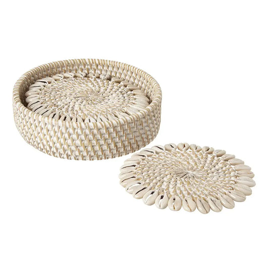 Rattan + Shell Coasters Set of 4|Bone