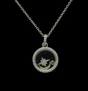 Pave Diamondique Floating Moon + Star Disc Necklace | 16in + 2in Matte Gold