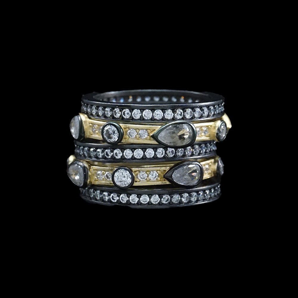 Pave Diamondique + Teardrop Bezel Set 5 Band Stackable Ring Set | S8 Matte Gold + Black Rhodium