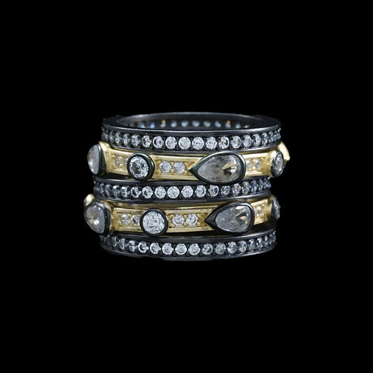 Pave Diamondique + Teardrop Bezel Set 5 Band Stackable Ring Set | S8 Matte Gold + Black Rhodium