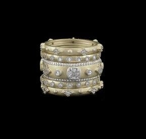 Pave Diamondique Square + Bezel Set 5 Band Stackable Ring Set | S8 Matte Gold + Silver