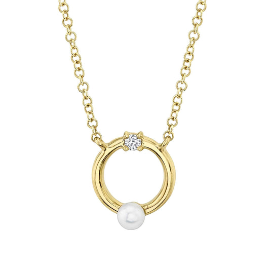 Diamond + Cultured Pearl Necklace | 14k Yellow Gold .03c