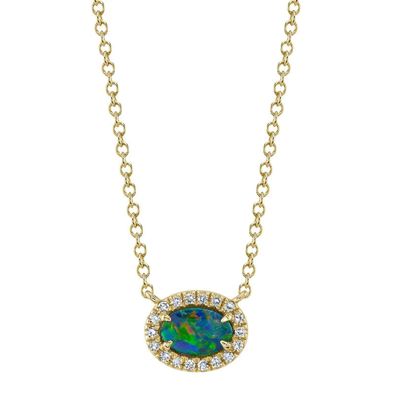 Diamond + Opal Necklace | 14k Yellow Gold .05c + .33c