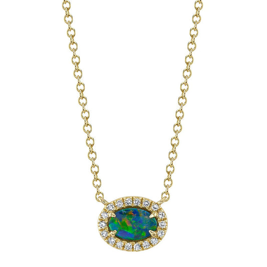 Diamond + Opal Necklace | 14k Yellow Gold .05c + .33c