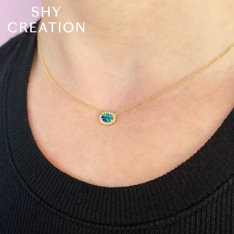Diamond + Opal Necklace | 14k Yellow Gold .05c + .33c