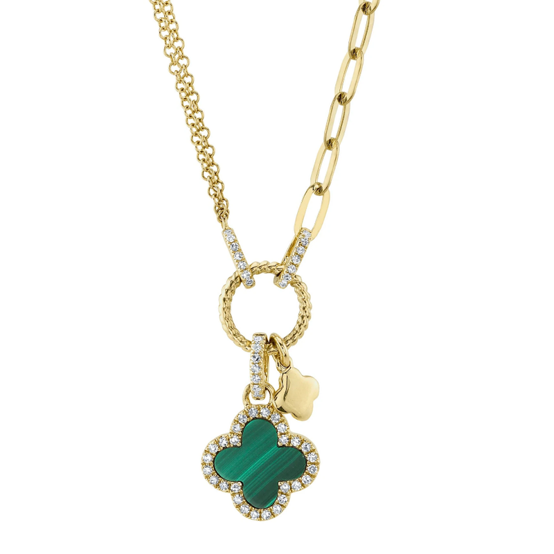 Diamond + Malachite Clover Paper Clip Link Necklace | 14k Yellow Gold .12c + .54c