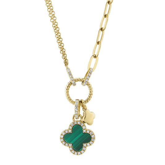 Diamond + Malachite Clover Paper Clip Link Necklace | 14k Yellow Gold .12c + .54c
