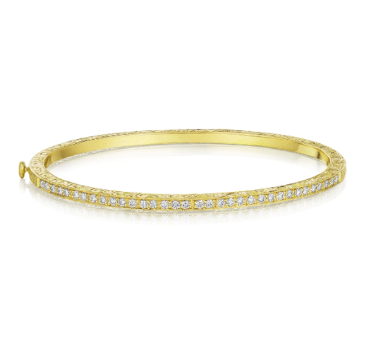 Engraved Yellow Gold Bangle With Diamonds