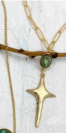 Kitzi Star Cross & Labradorite Drop on Gold  Textured Paperclip Chain Necklace