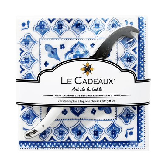 Moroccan Blue Cocktail Napkin Set Of 20 With Laguiole Mini Cheese Knife