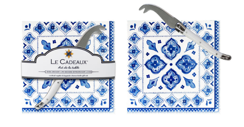 Moroccan Blue Cocktail Napkin Set Of 20 With Laguiole Mini Cheese Knife