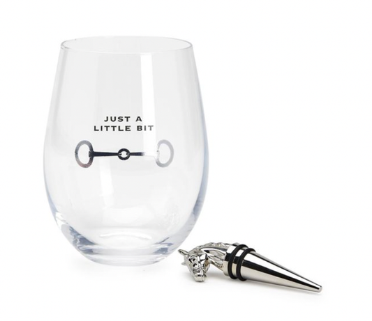 Just a Bit Stemless Wine Glass +  Equestrian Bottle Stopper Set | 16oz