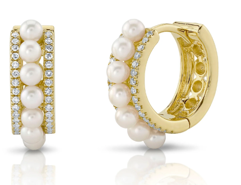 Diamond + Cultured Pearl Huggie Hoop Earrings | 14k Yellow Gold .15C
