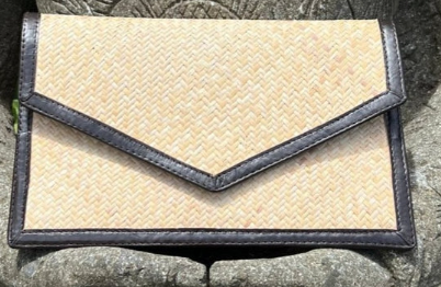 Rattan + Black Leather Handwoven Clutch Handbag | 12x1x8in