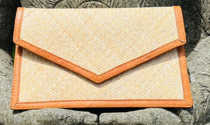 Rattan + Brown Leather Handwoven Clutch Handbag | 12x1x8in