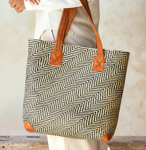 Rattan Black Chevron + Brown Leather Handwoven Tote Bag | 18x16x5in