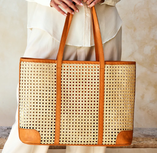 Cane + Brown Leather Handwoven Tote Bag | 20x12.5x5in