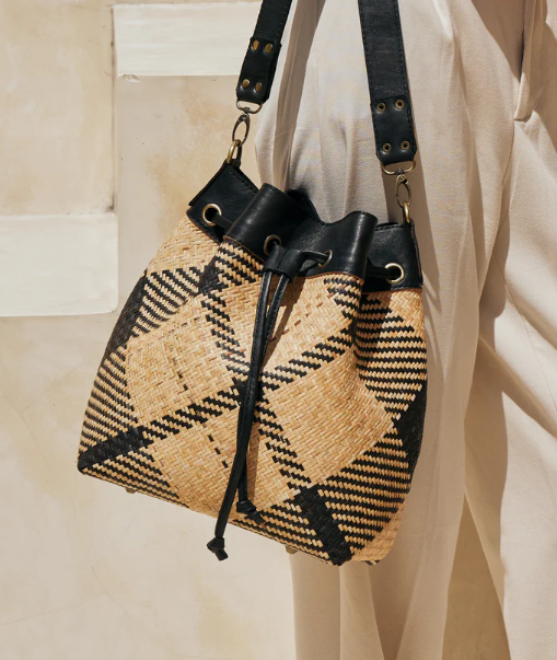 Rattan Black Plaid + Black Leather Handwoven Cinch Handbag | 12x12in