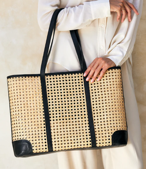Cane + Black Leather Handwoven Tote Bag | 20x12.5x5in
