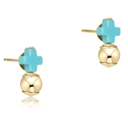 eNewton Signature Cross Gold Stud Earrings| Turquoise