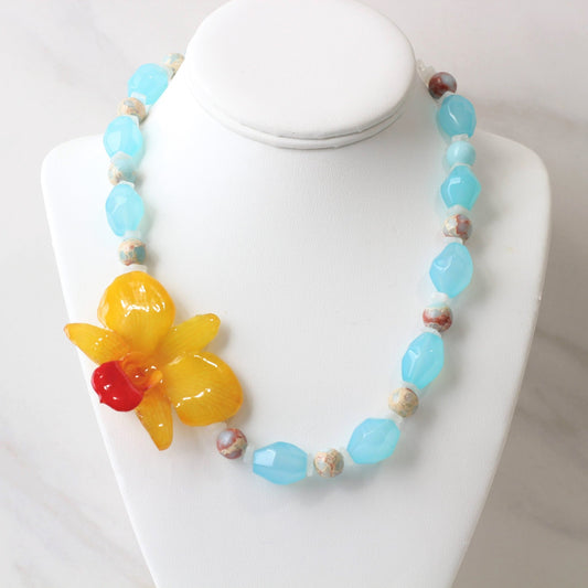 Preserved Orchid Necklace | Yellow Orchid + Chalcedony Gemstones 18in