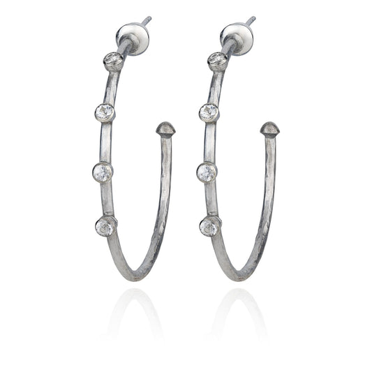 White Sapphire Silver Matte Hoop Medium