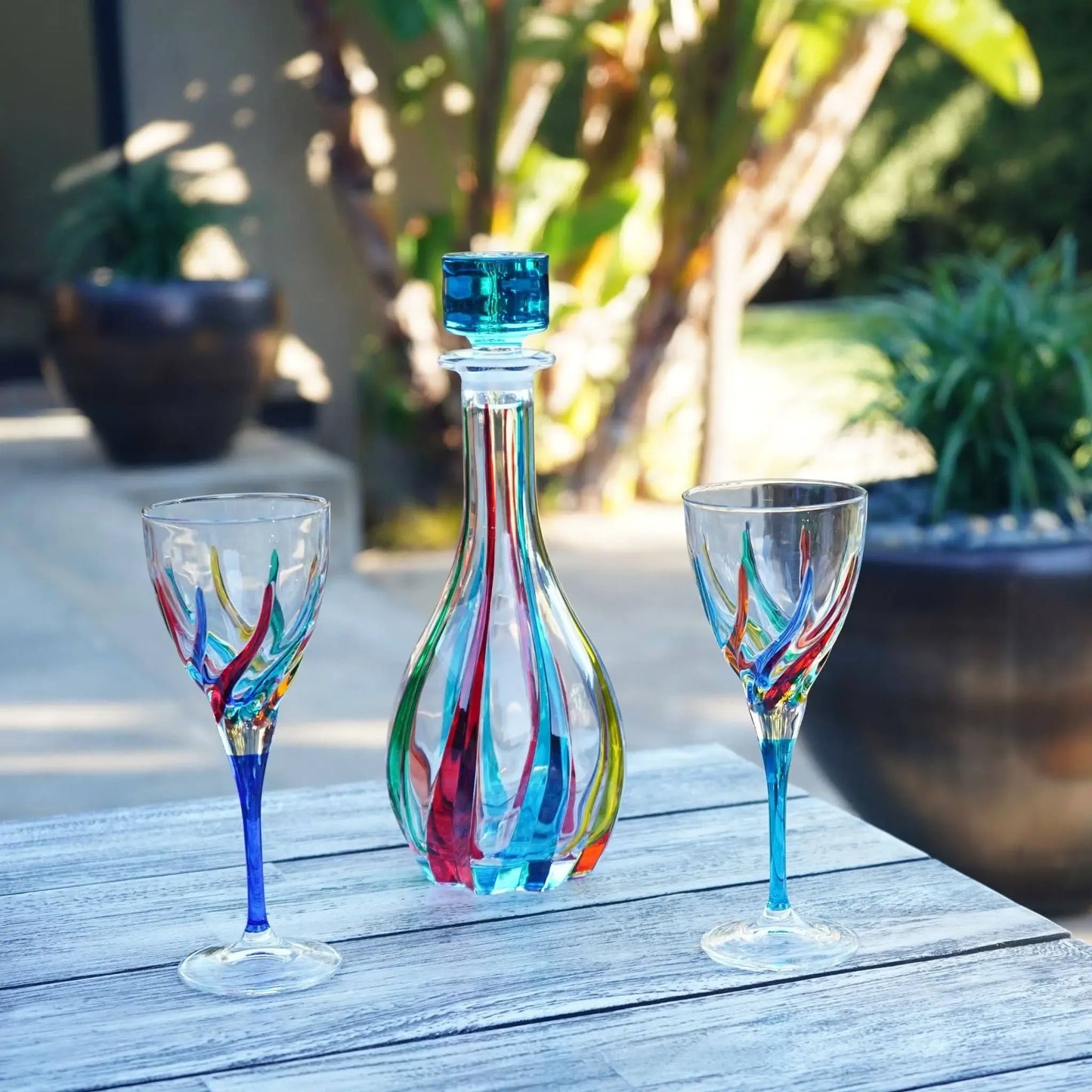 Murano Italian Crystal Wine Decanter | Swirls Blue Rainbow