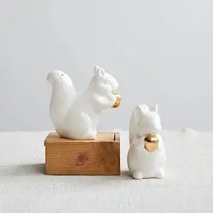 Stoneware Squirrel Salt + Pepper Set | White