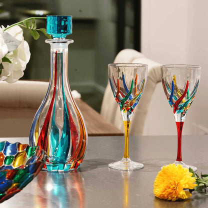 Murano Italian Crystal Wine Decanter | Swirls Blue Rainbow