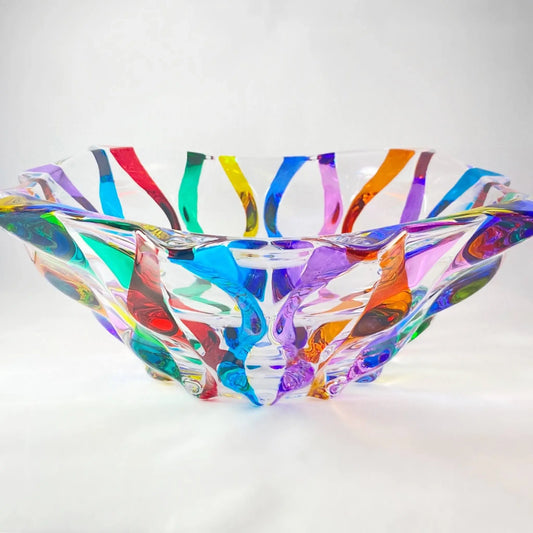 Murano Italian Crystal Bowl | Ribbons Rainbow 12in