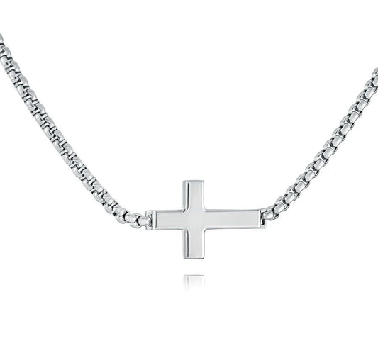 Steel Sideways Cross 2.5mm-22'' Round Box Necklace