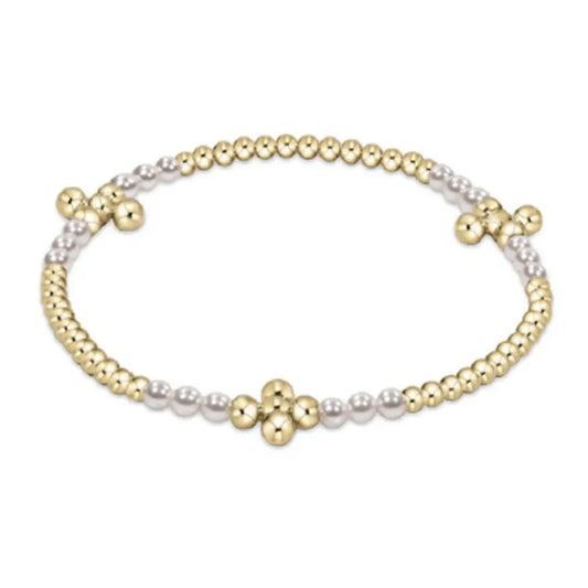 Signature Cross Bliss Pattern Pearl + Gold Bead Bracelet | 2.5mm