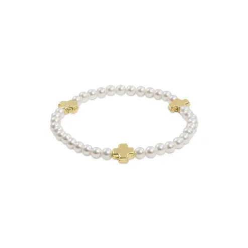 eNewton Signature Cross Pearl + Gold Bead Bracelet | 4mm