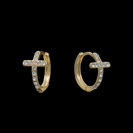 Pave Diamondique Cross Huggie Hoop Earrings | .5in Gold