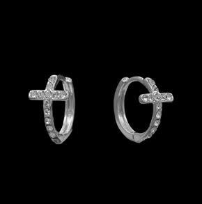 Pave Diamondique Cross Huggie Hoop Earrings | .5in Silver