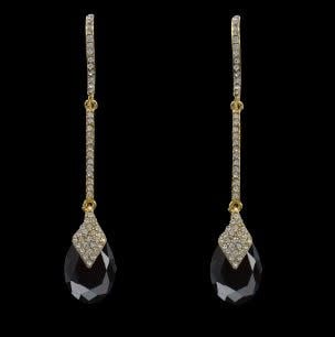 Teardrop Black Crystal Linear Pave Diamondique Earrings | 3in Gold