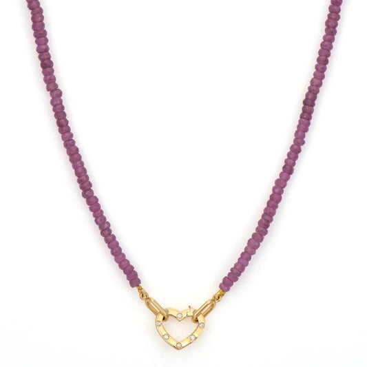 Pink Sapphire Beaded Chain + Diamond Heart Bale Necklace | 18in .14c 14k
