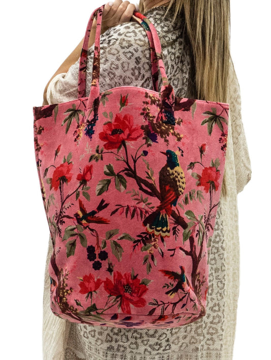 Velvet Vintage Bird Trapezoid Bag | Rose 12x16in