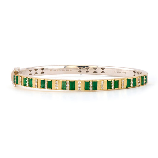 Emerald Baguette + Diamond Column Bangle Bracelet | .54c GSI 14k + 925