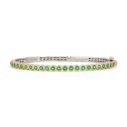 Emerald + Diamond Bezel Set Bangle Bracelet | 1.25c + .14c 14k + 925