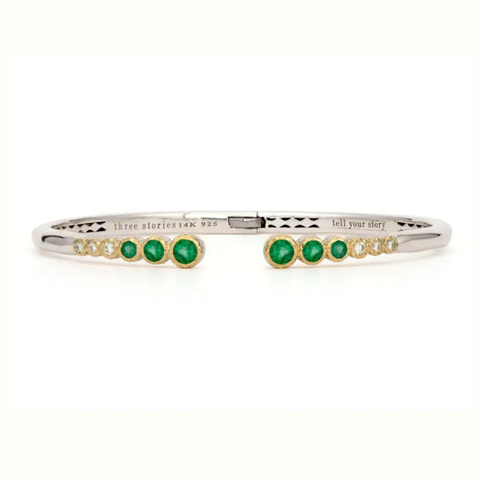 Emerald + Diamond Open Bezel Set Bangle Bracelet | .15c 14k + 925