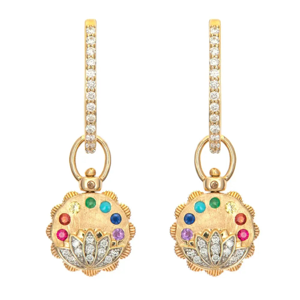 SINGLE | Diamond + Rainbow Gemstone Lotus Flower Reversible Earring Charm or Pendant | .02c GSI 14k