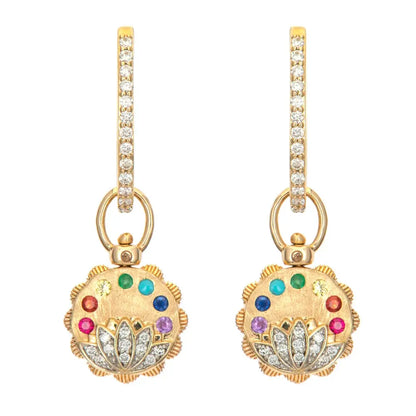 SINGLE | Diamond + Rainbow Gemstone Lotus Flower Reversible Earring Charm or Pendant | .02c GSI 14k