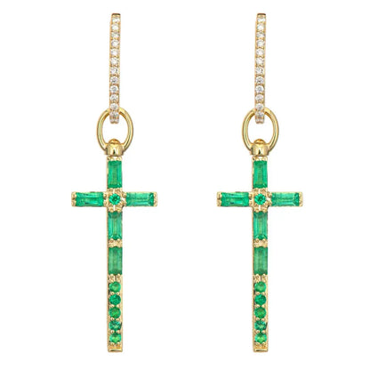 SINGLE | Emerald Baguette + Diamond Cross Earring Charm or Pendant | .12c 14k